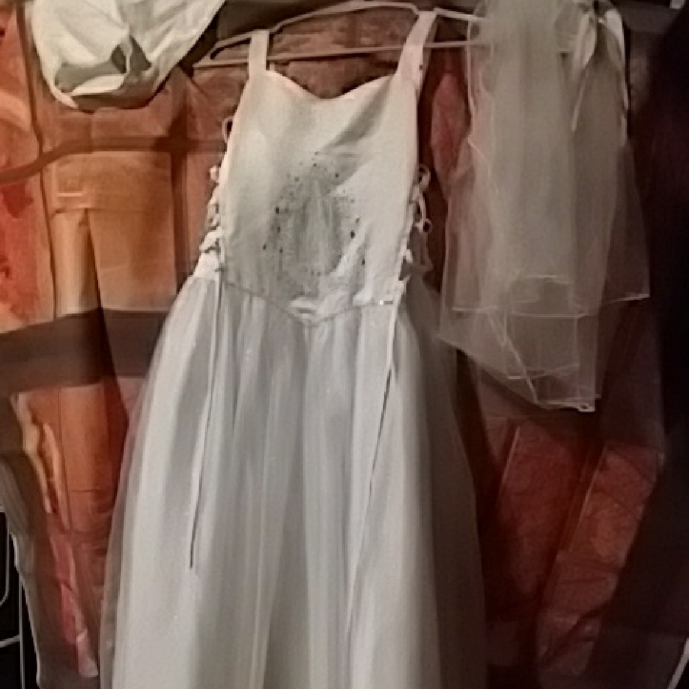 White Tulle Spaghetti Strap Dress with Beaded Bodice/ Vail